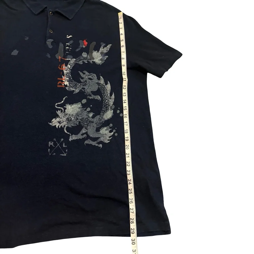 Polo Ralph Lauren Mens XL Custom‎ Slim Fit Dragon Graphic Polo Shirt Navy Blue
